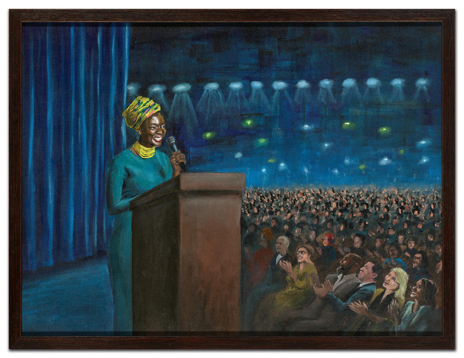 Sana Ullah painting of a woman in green attire and a colourful headwrap speaking at a podium before an attentive audience
