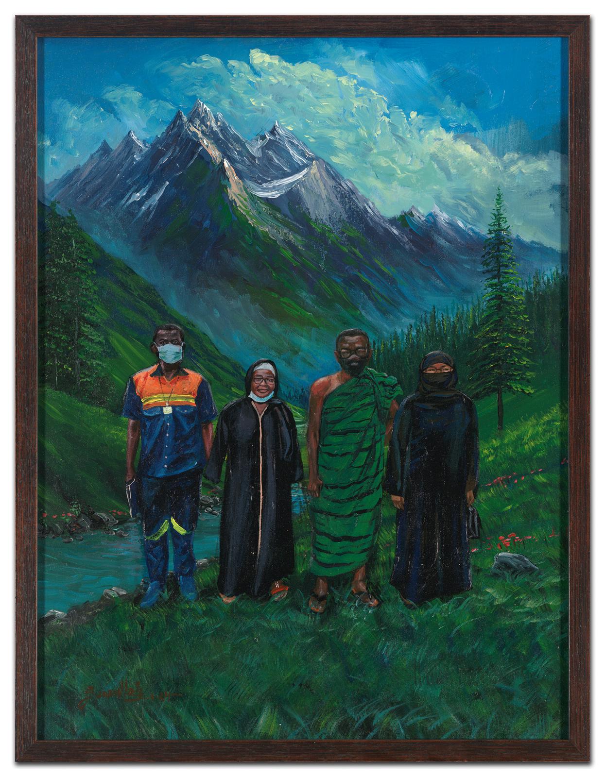 Sana Ullah family portrait of four people before a mountain landscape, including a traditionally clothed family leader and Nana Kwesi Osei Bonsu in field gear