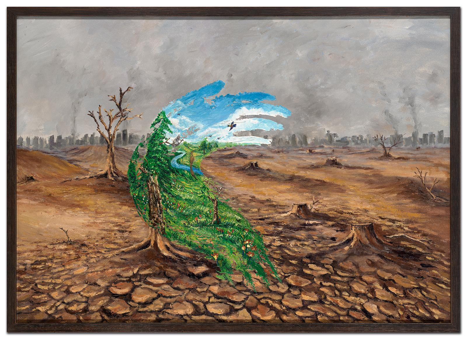 Sana Ullah painting of a living green hand-shaped landscape with trees and water against cracked earth and barren tree stumps