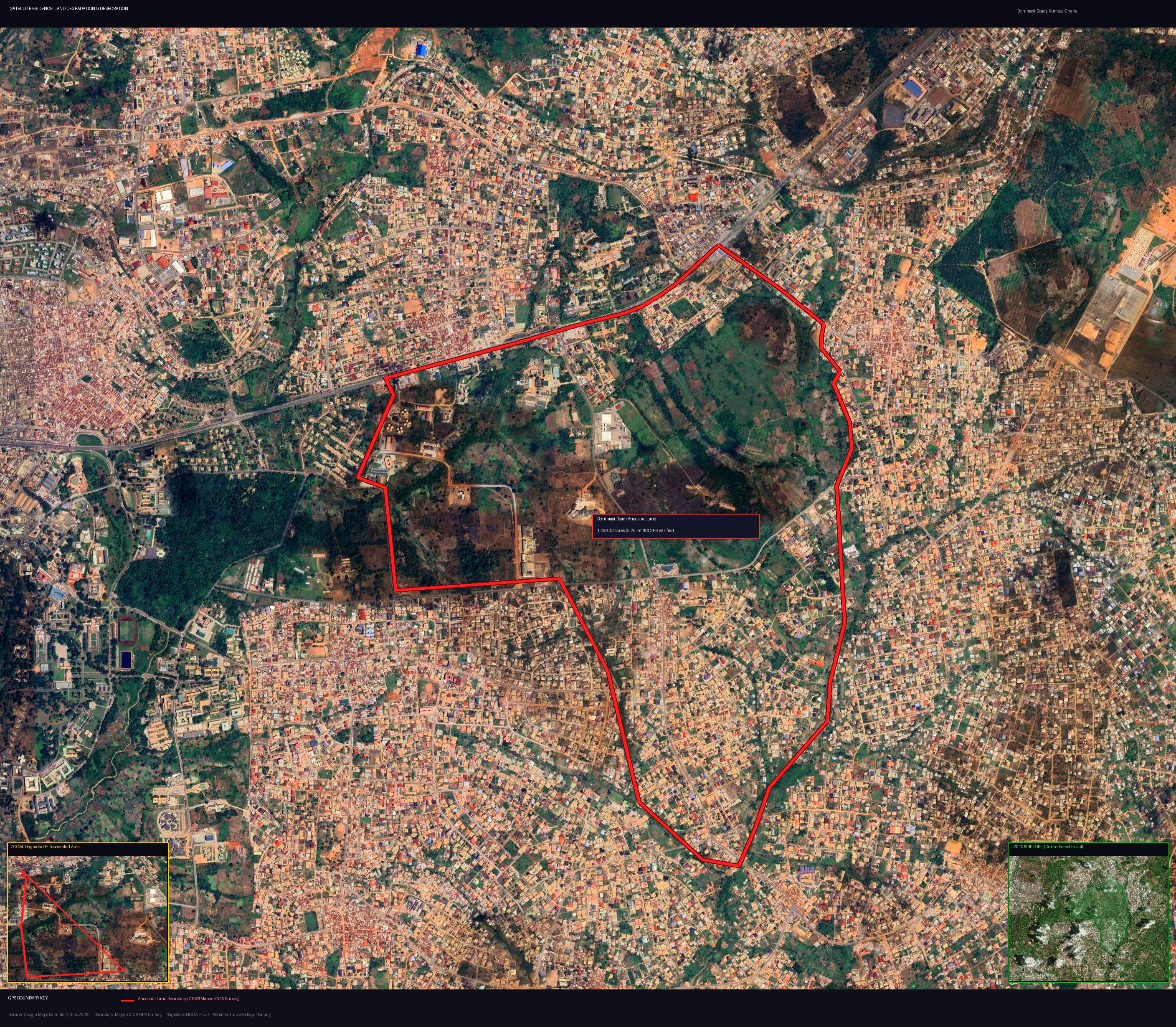 Satellite evidence of land degradation on Benimasi-Boadi ancestral land — GPS boundary, degradation overlay, and location labels showing KNUST encroachment