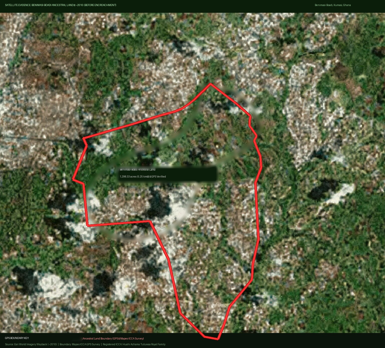 Satellite view circa 2010 showing the Benimasi-Boadi ancestral land with dense forest and sacred grove intact